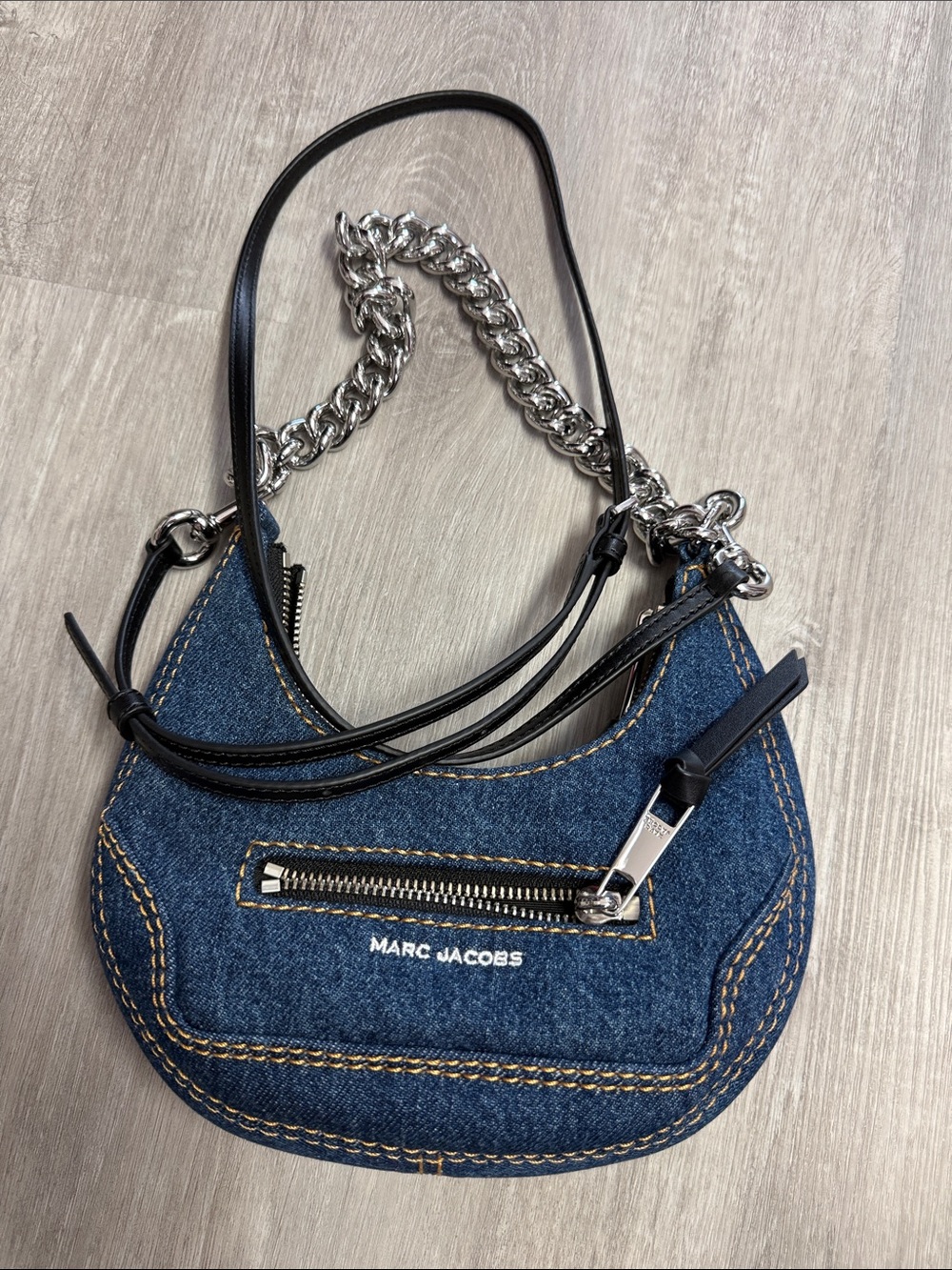 Marc Jacobs Dark Blue Denim Crescent Mini Bag with Silver Chain